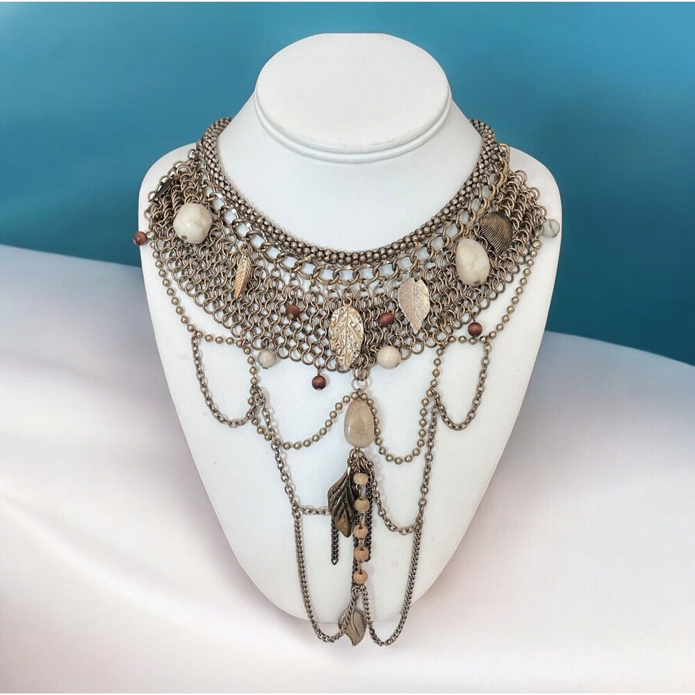 New Bib Necklace Swag Chain Bead Accent Antiqued Gold Tone Boho - 10F